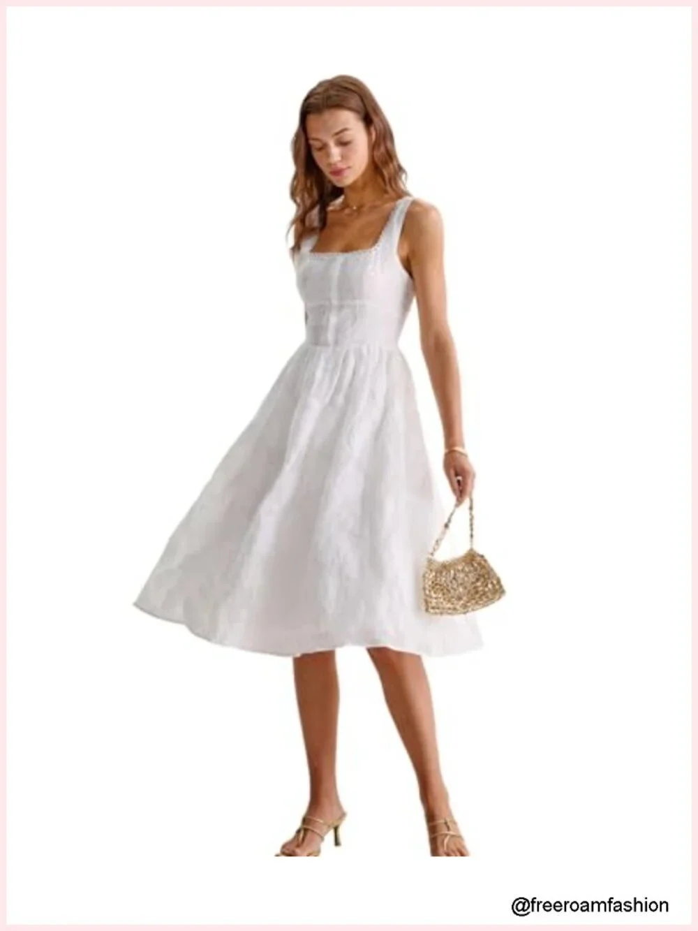 Square Neck Lace Trim A-Line Midi Sundress for Wedding Guest Party